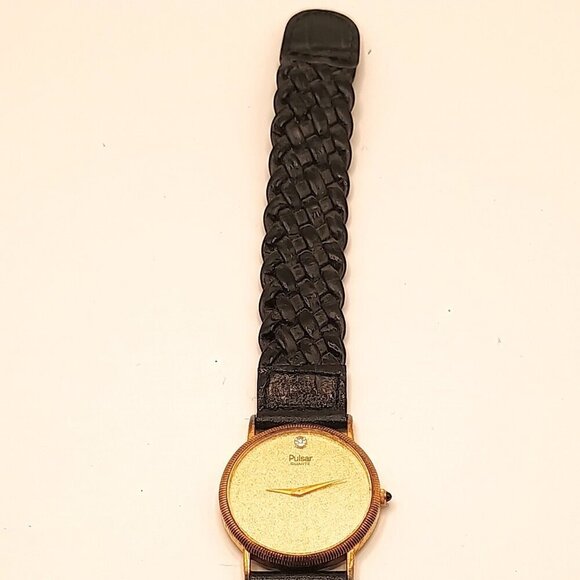 Pulsar Gold Toned Men's Wristwatch with Black Genuine Leather Strap - Picture 2 of 8